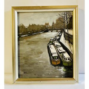 Barges At The Docks In The Snow, Paris - Gil